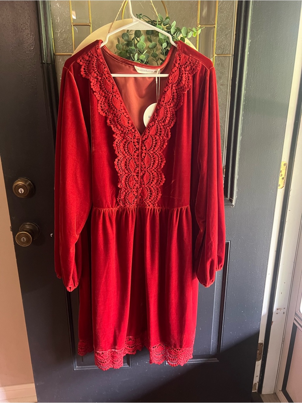 Velvet Lace-Trim Midi Dress in Deep Red